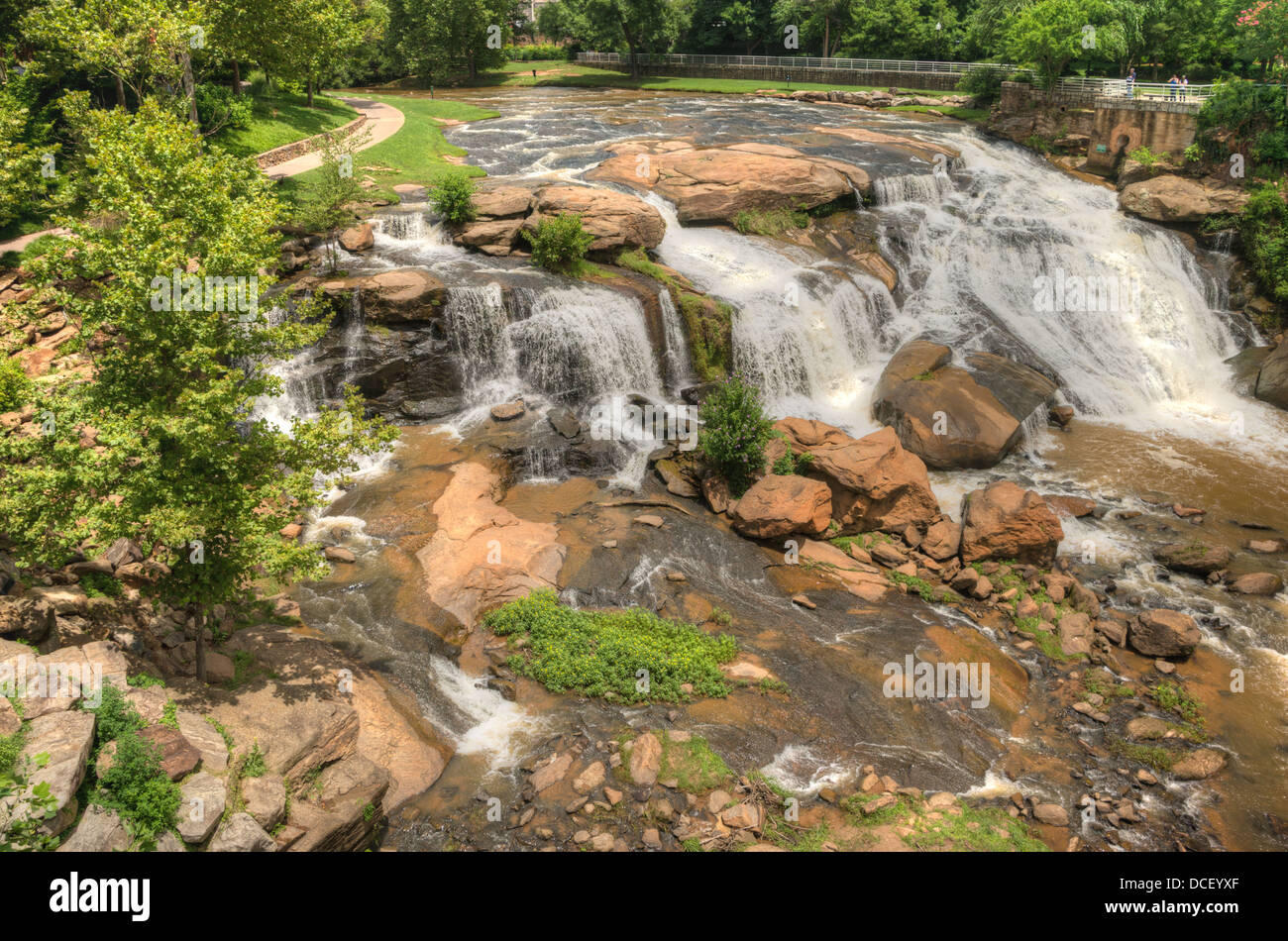 Reedy River a Falls Park cascata in Greenville, nella Carolina del Sud Foto Stock