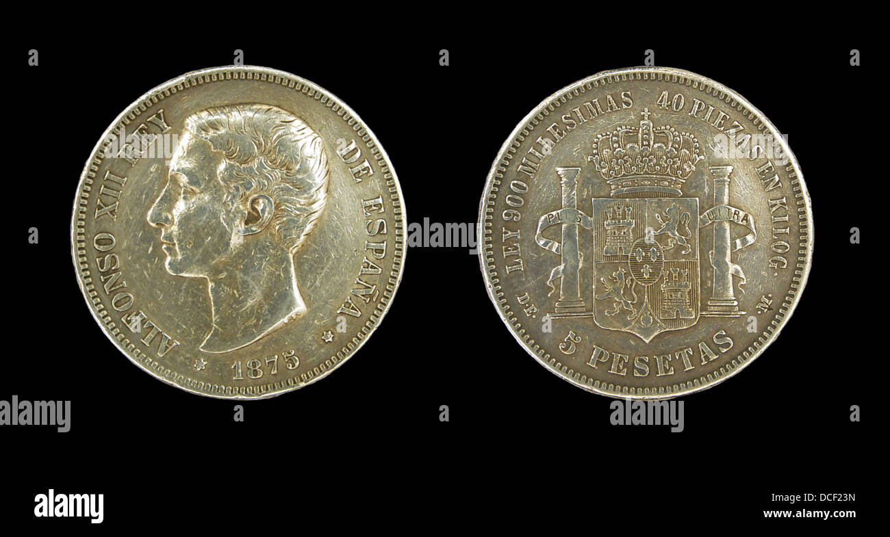 5 pesetas di Alfonso XII di Spagna, 1875. Foto Stock