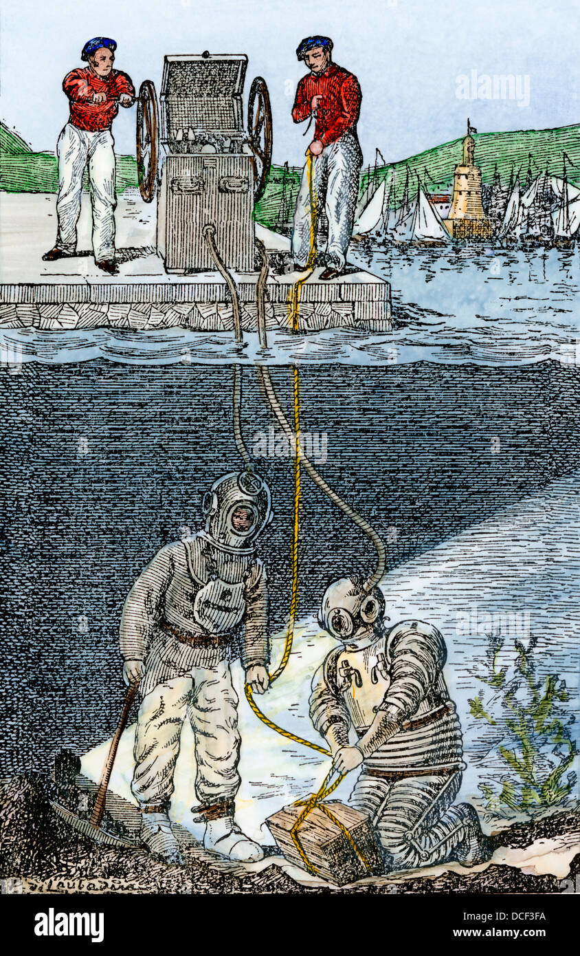 Palombari, mostrando pompa pneumatica di alimentazione di ossigeno da terra, 1800s. Colorate a mano la xilografia Foto Stock