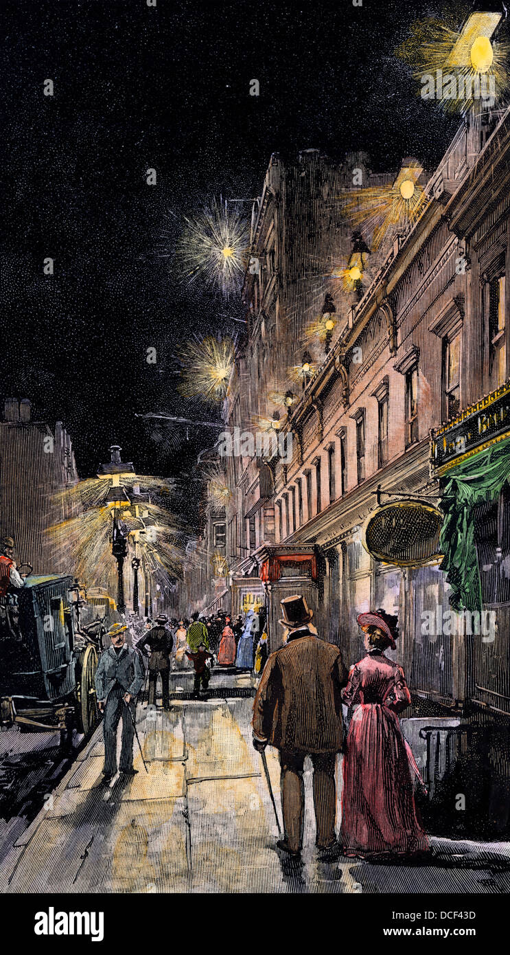 Lampioni elettrico collegato dal cablaggio della metropolitana di New York City, 1889. Colorate a mano la xilografia Foto Stock