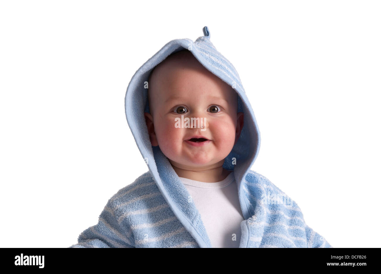 Little baby boy con una cappa di aspirazione Foto Stock