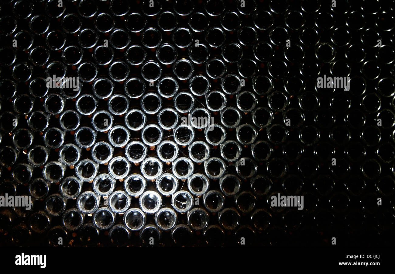 Bottiglie di vino celebre 'Château de Pommard' -2007- nella cantina del castello, Pommard, Borgogna, Francia Foto Stock