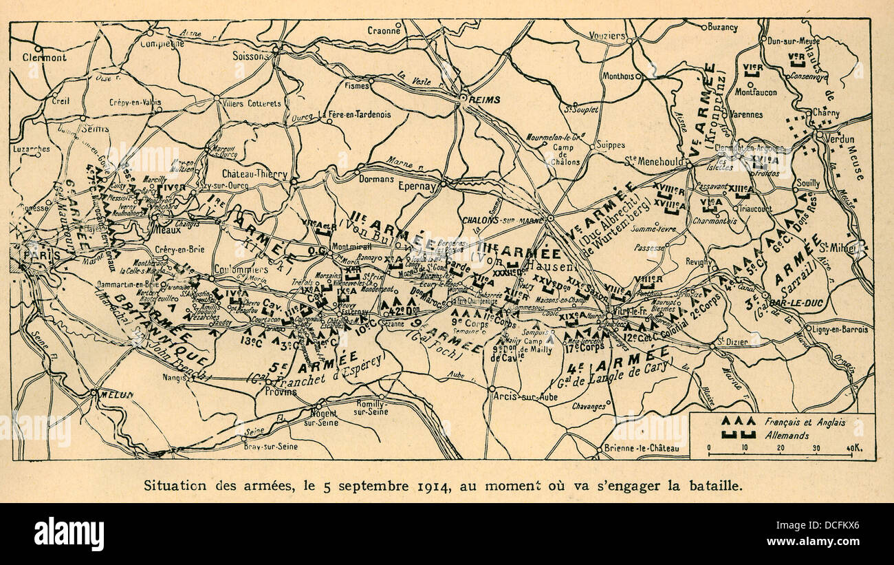 Mappa francese della prima battaglia della Marna, giorno uno, 5 settembre 1914 Foto Stock
