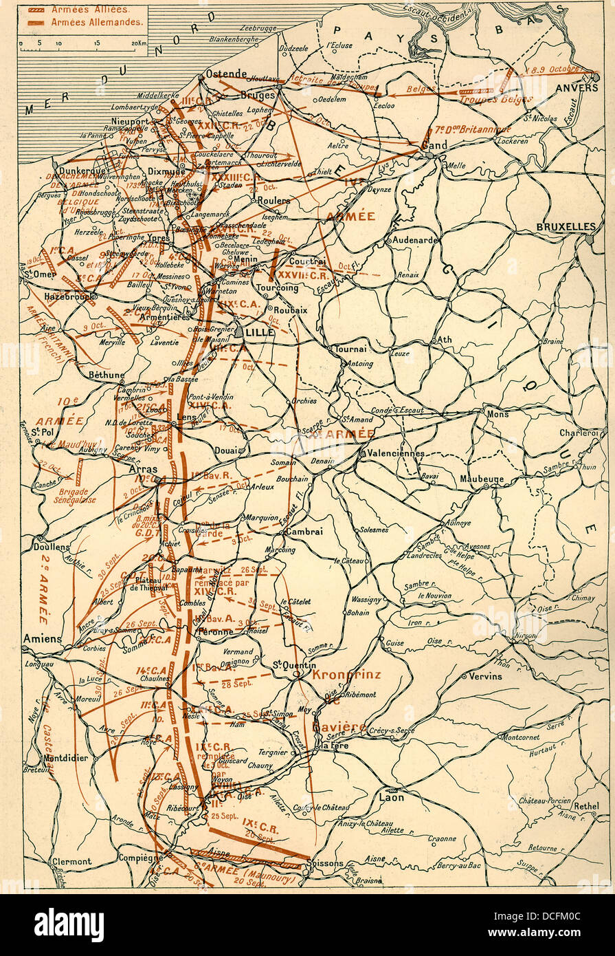 Un contemporaneo francese mappa della "corsa verso il mare" durante la prima guerra mondiale nel 1914, dopo la prima battaglia della Marna e B Foto Stock