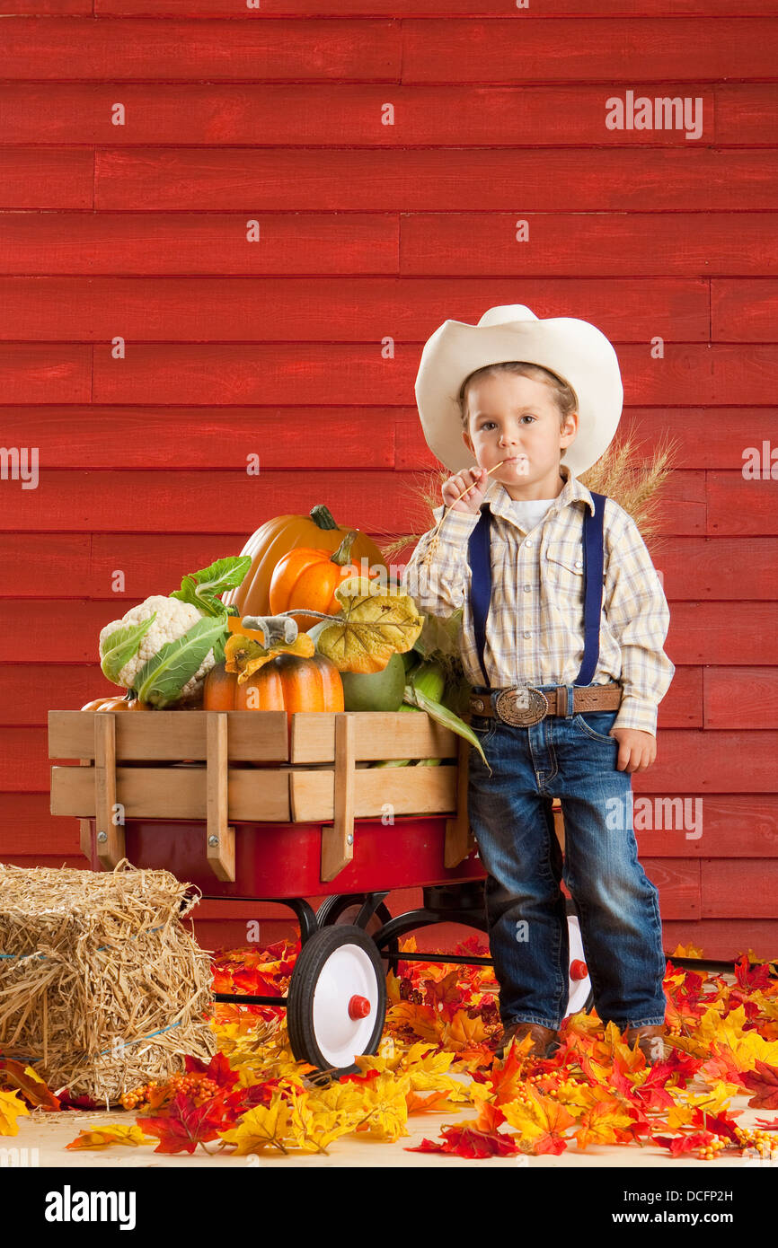 Un ragazzo vestito come un contadino con un carro pieno di produrre; tre  colline, Alberta, Canada Foto stock - Alamy