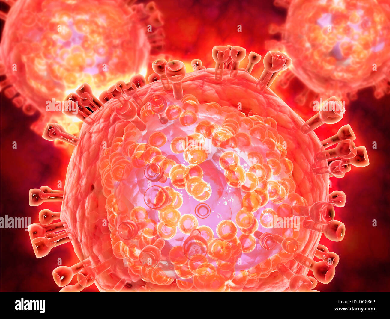 Cluster di virus HIV. L' HIV è il virus di immunodeficienza umana che può portare a deficienza immunitaria acquisita sindrome o di AIDS. Foto Stock