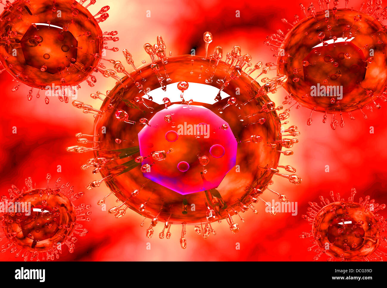 Gruppo di virus H5N1 con vista vetroso. Foto Stock