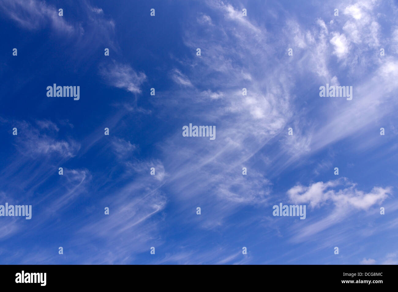 Alta bianco wispy cirrus mare nuvole di coda contro il cielo blu, REGNO UNITO Foto Stock