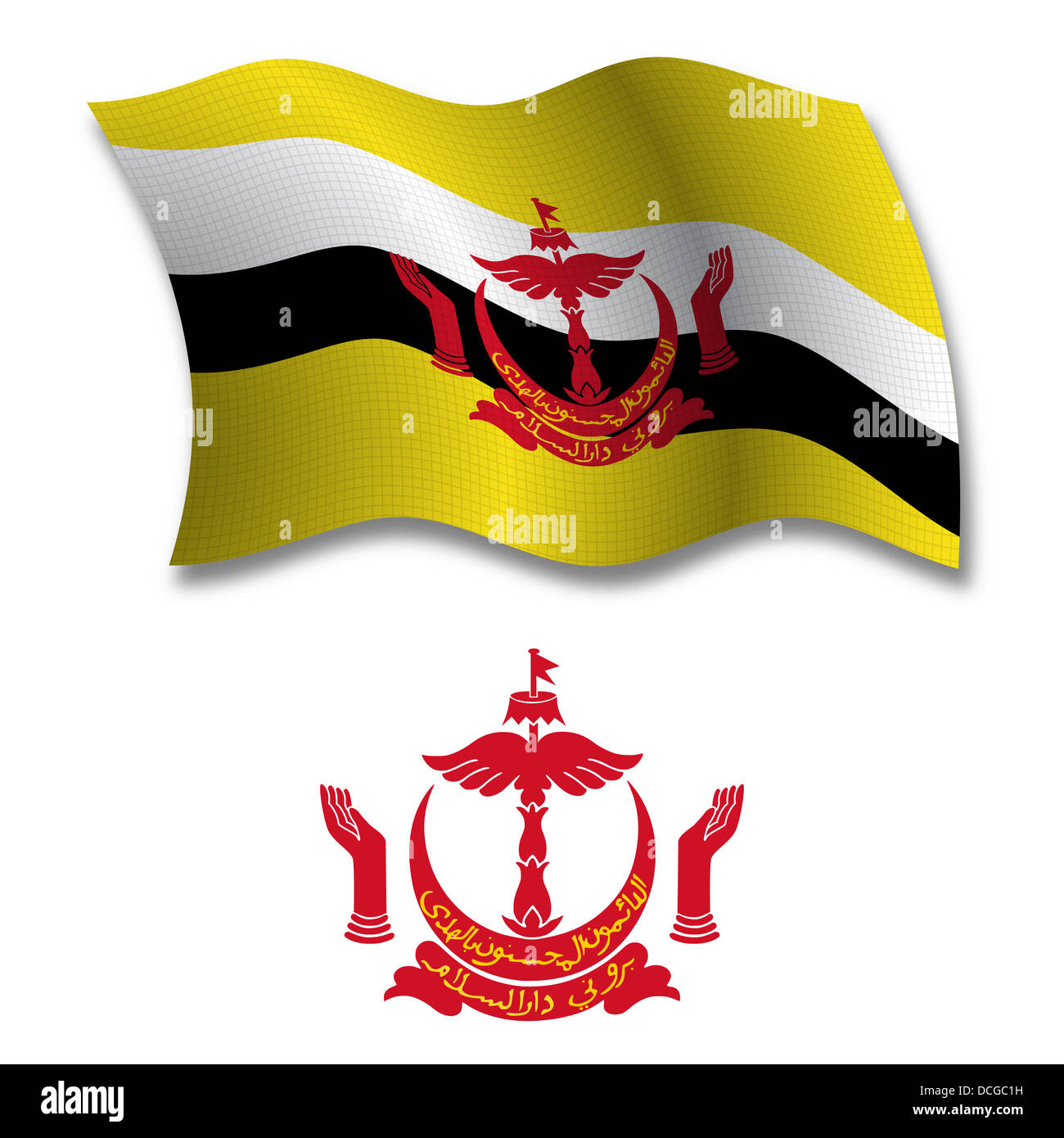 Brunei ombreggiato ondulata testurizzata bandiera e stemma contro uno sfondo bianco, arte vettoriale illustrazione Foto Stock