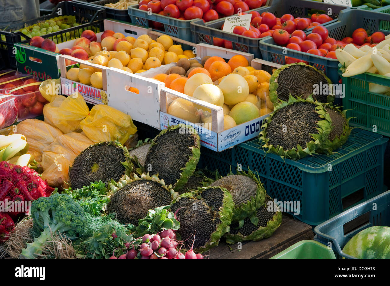 Fruttivendolo stallo al mercato degli agricoltori a Wadowice in Polonia. Foto Stock
