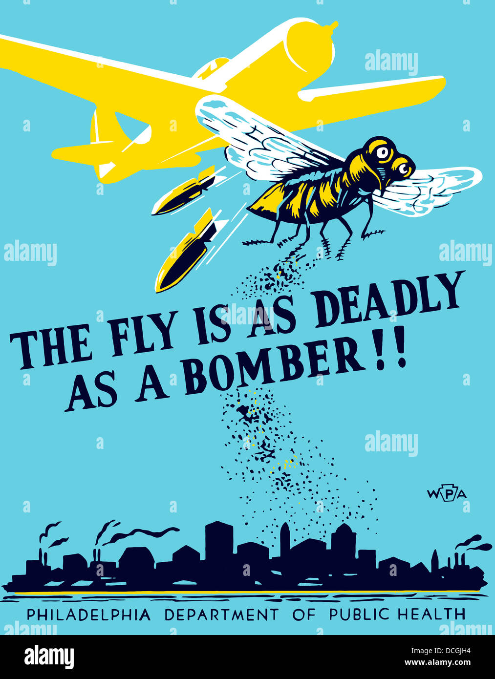 WPA poster di propaganda di un bombardiere piano e una mosca la caduta di germi. Foto Stock