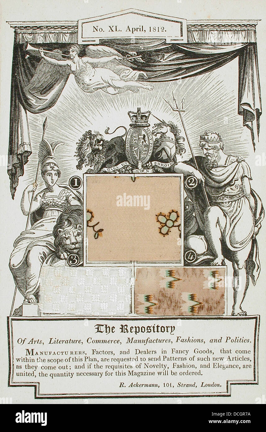 Questa pubblicazione, intitolata "The Repository of Arts, Literature, Commerce, Manufactures, Fashions, and Politics', era un periodico significativo che catturò i principali movimenti culturali e politici durante il XIX secolo, mostrando moda, arti e letteratura dell'epoca. Foto Stock