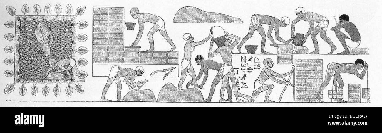 Un rilievo nella tomba di Rekhmire e mostra i lavoratori egiziani costruendo un muro di mattoni di fango presso il tempio di Amon di Tebe. Foto Stock