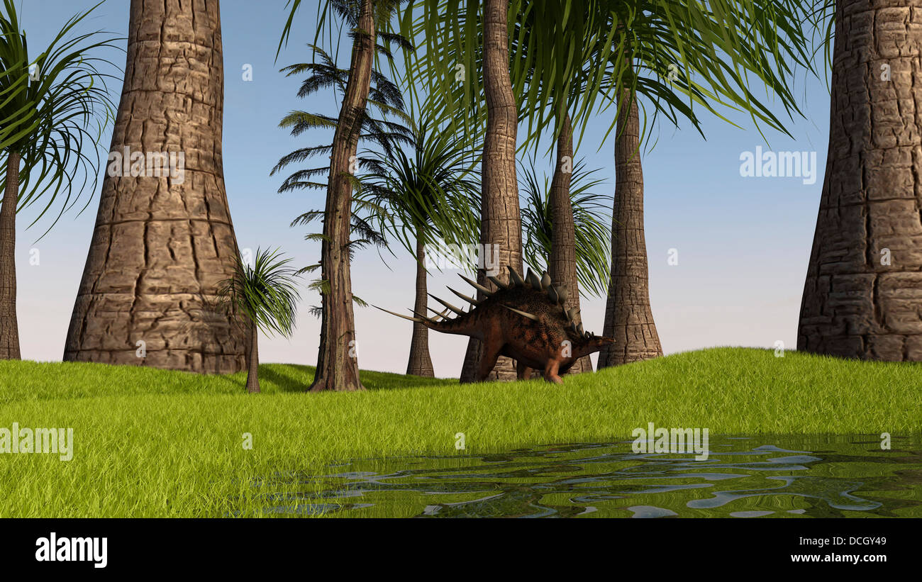 Kentrosaurus camminando lungo una vicina palude. Foto Stock