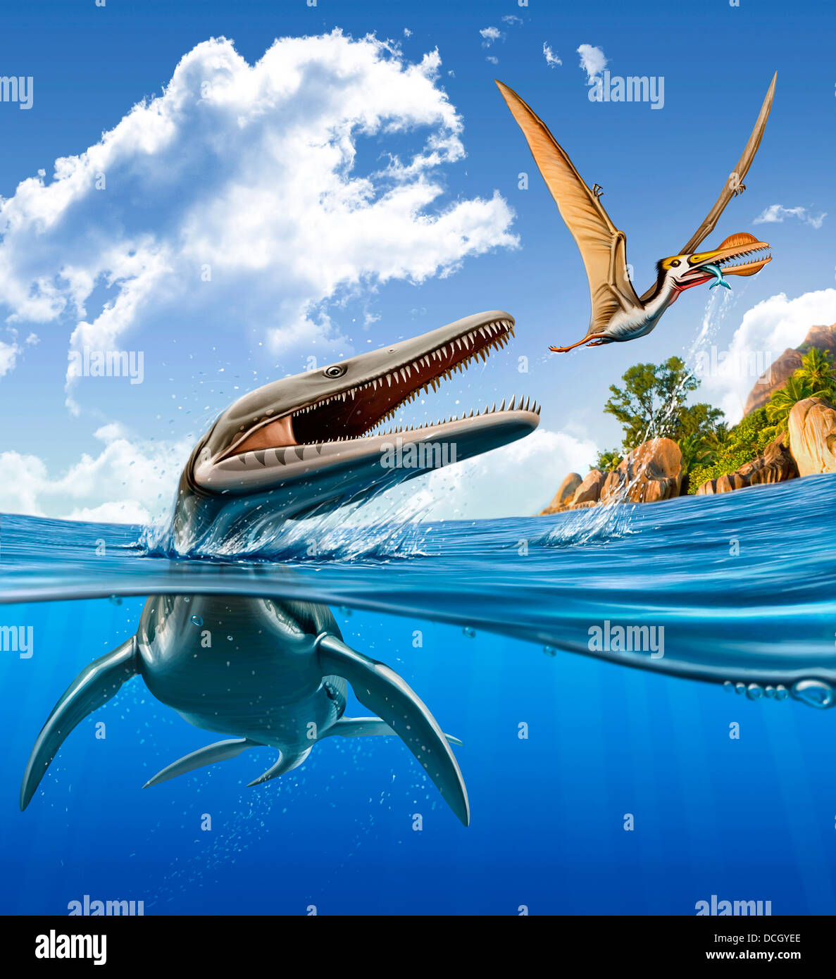 Un Plesiopleurodon salta fuori dall'acqua, attaccando un Ornithocheirus. Foto Stock