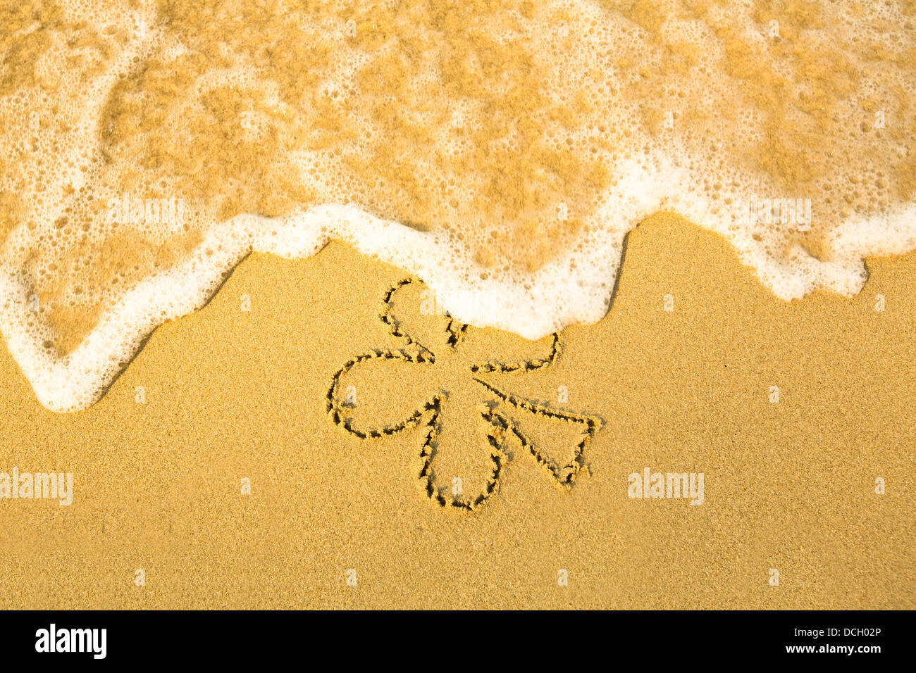 A foglia di trifoglio (concetto: San Patrizio giorno) - scritto nella sabbia sulla spiaggia - soft onda di mare Foto Stock