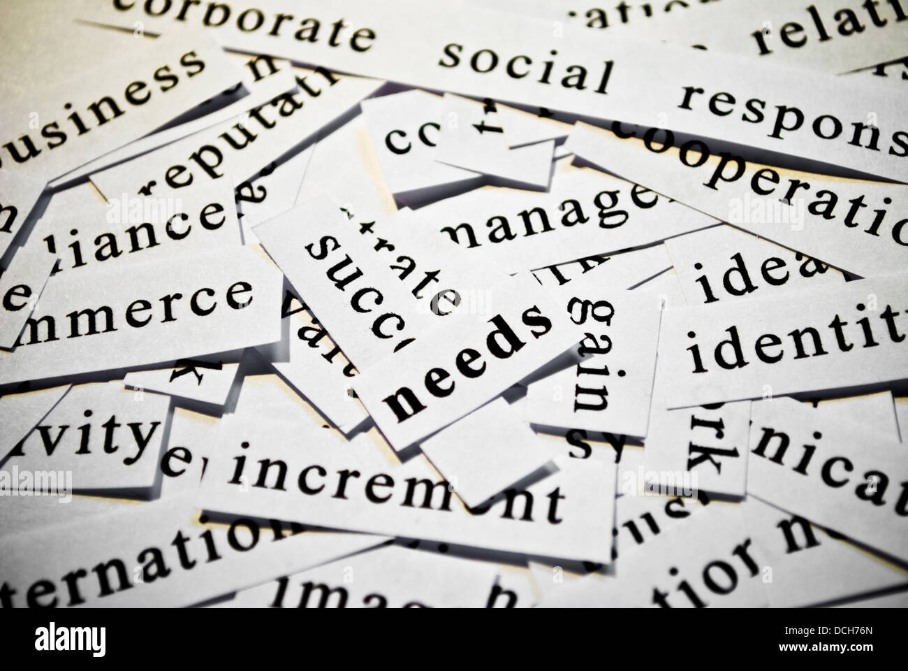 Esigenze. Concetto di taglio-fuori parole correlate con le attività Foto Stock