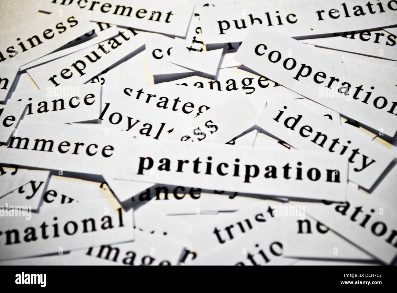 La partecipazione. Concetto di taglio-fuori parole correlate con le attività Foto Stock