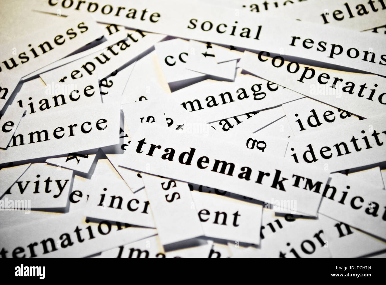 Marchio di fabbrica. Concetto di taglio-fuori parole correlate con le attività Foto Stock