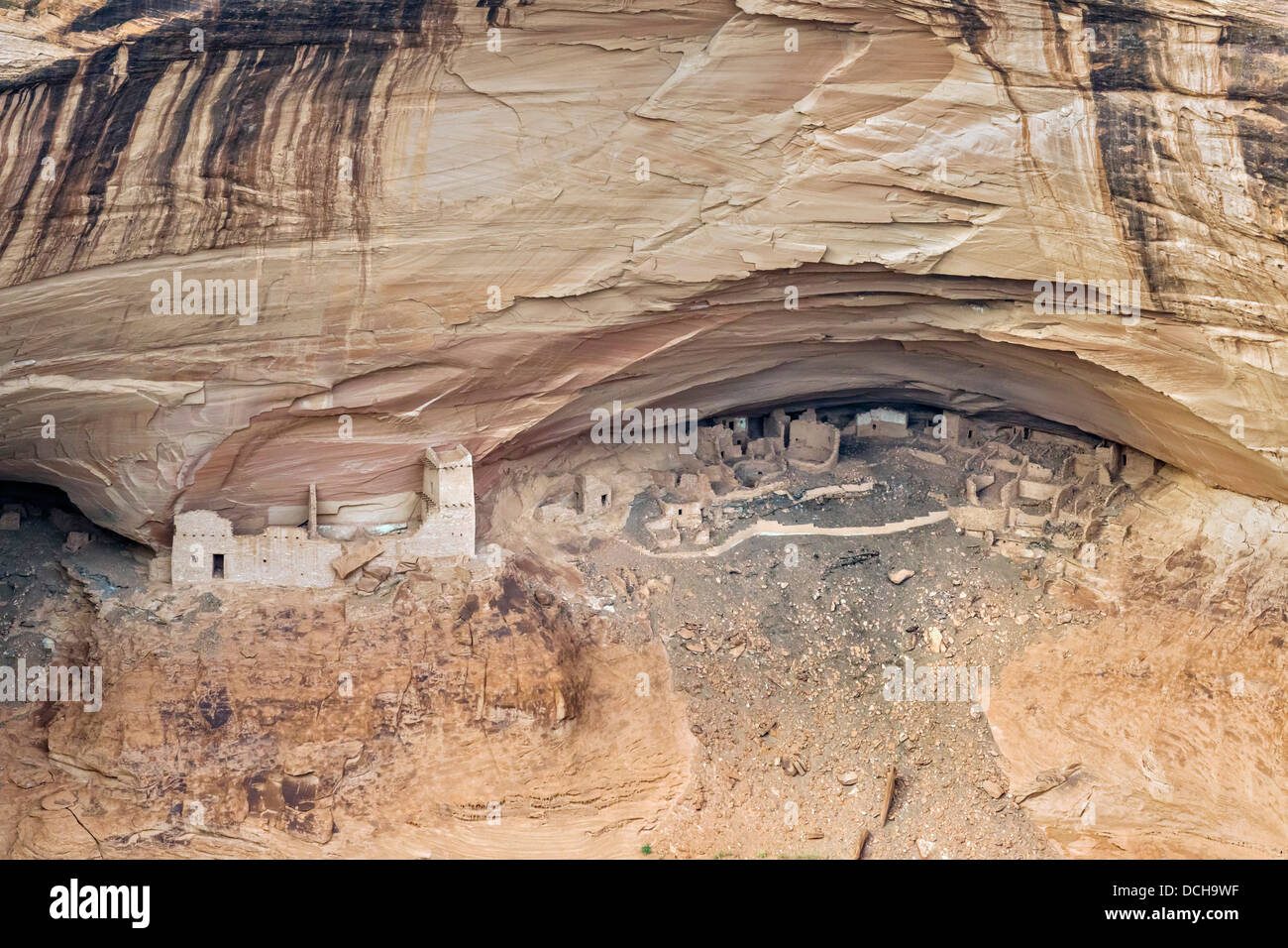 Il 'Mfalse Cave' rovine Anasazi, visto dal bordo settentrionale al Canyon De Chelly National Monument, Chinle Arizona, Stati Uniti d'America Foto Stock