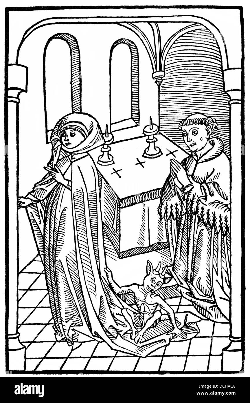 Raffigurazione medievale di una donna posseduta dal demonio Foto Stock