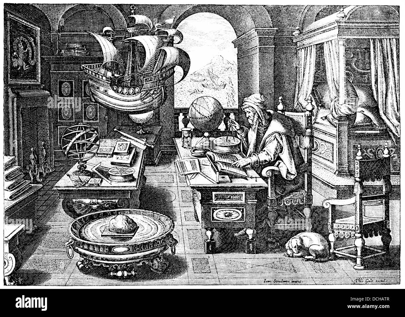 Un matematico e astronomo al lavoro, nel XVI secolo Foto Stock