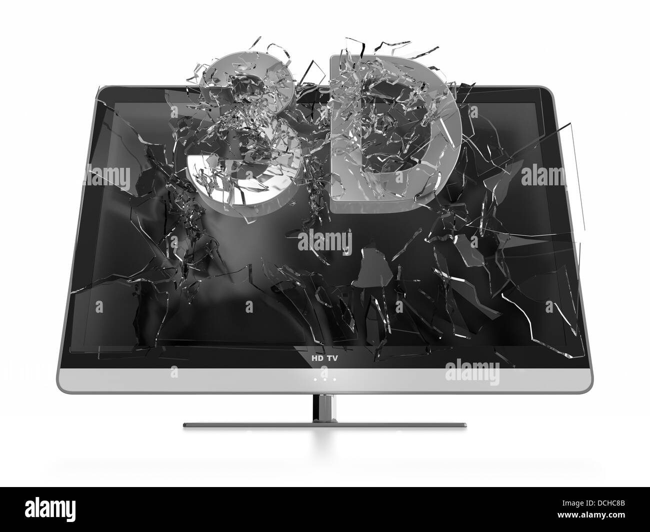 Illustrazione di testo 3D la rottura dello schermo TV. TV stereoscopica. Foto Stock