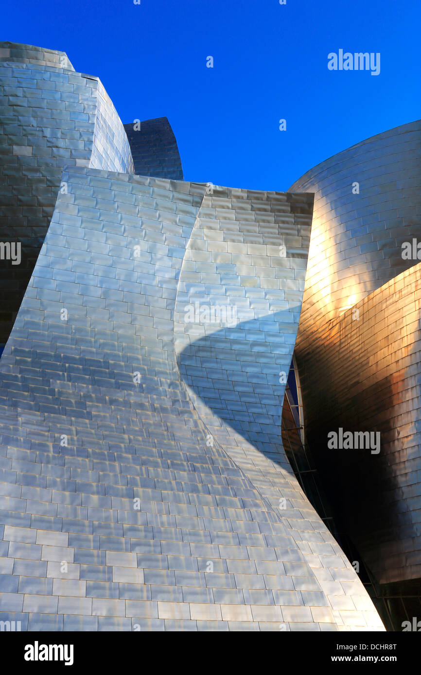 Primo piano vista esterna del Museo Guggenheim a Bilbao, Spagna Foto Stock