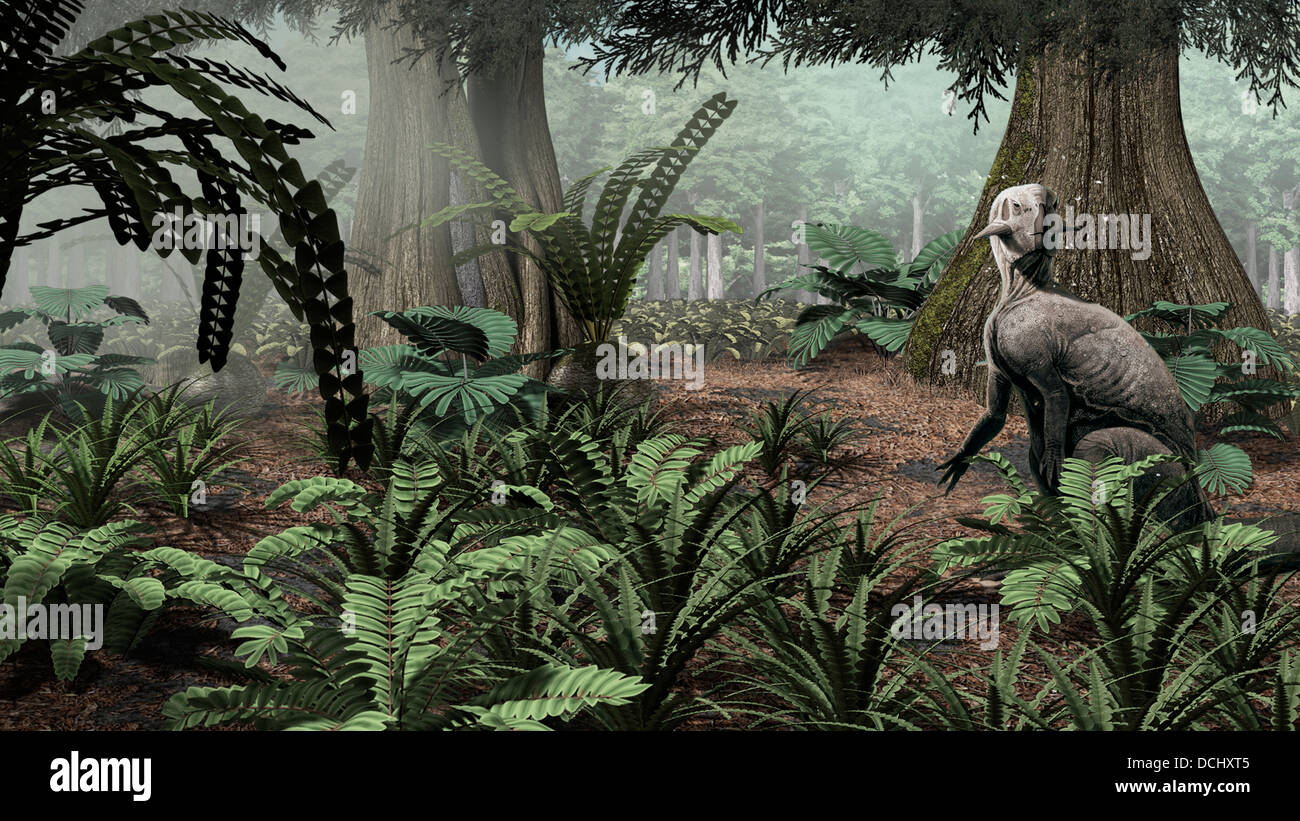 Psittacosaurus sinensis si appoggia sul suo haunches per esplorare il sottobosco di una foresta nel Primo Cretaceo dell Asia. Foto Stock