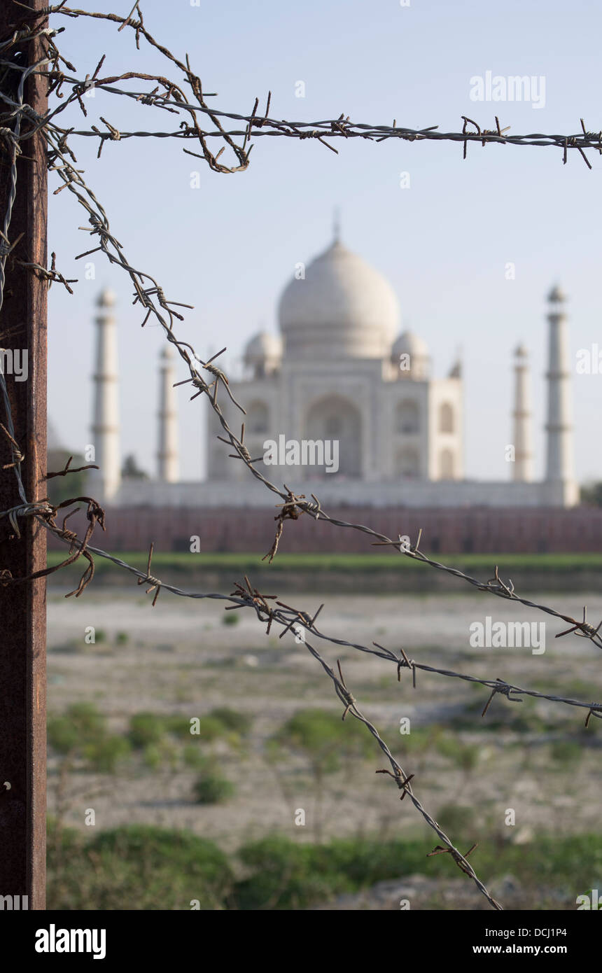 Filo spinato, Taj Mahal bianco mausoleo di marmo - Agra, India un Sito Patrimonio Mondiale dell'UNESCO Foto Stock