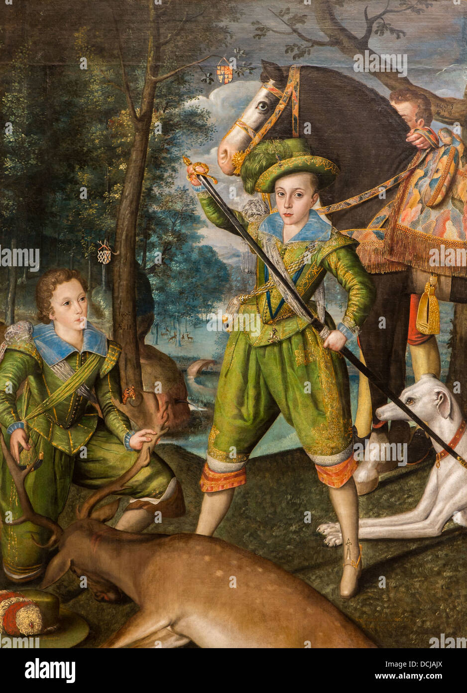 21/06/2013 - / xvii secolo - Henry Frederick, Principe di Galles, con Sir John Harington, nel campo di caccia Olio su tela Foto Stock