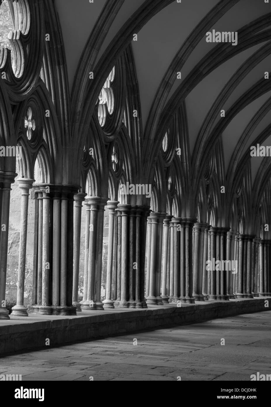 Immagine in bianco e nero dei Chiostri presso la Cattedrale di Salisbury, Wiltshire Foto Stock