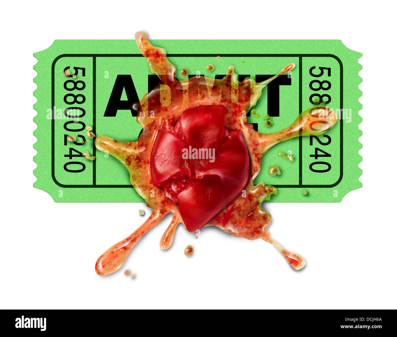 Bad Film concetto con un biglietto di film e una schiacciata pomodoro che è stato gettato per protestare contro un film orribile flop che è stata deludente per guardare e come risultato di ottenere a basso rating da sconvolgere critici cinematografici e spettatori. Foto Stock