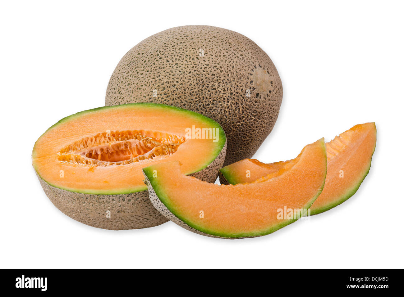 Il melone Cantalupo e fettine su bianco Foto Stock