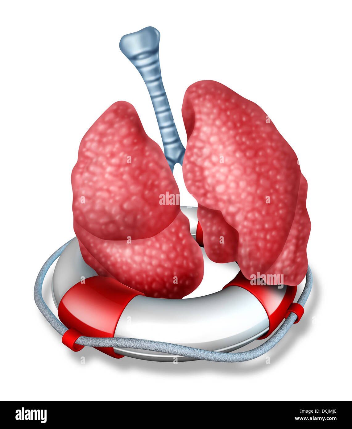 Polmoni rescue cure mediche concetto con il polmone umano organo galleggiante in una benedizione o cinghia di vita che rappresenta il salvataggio del Foto Stock
