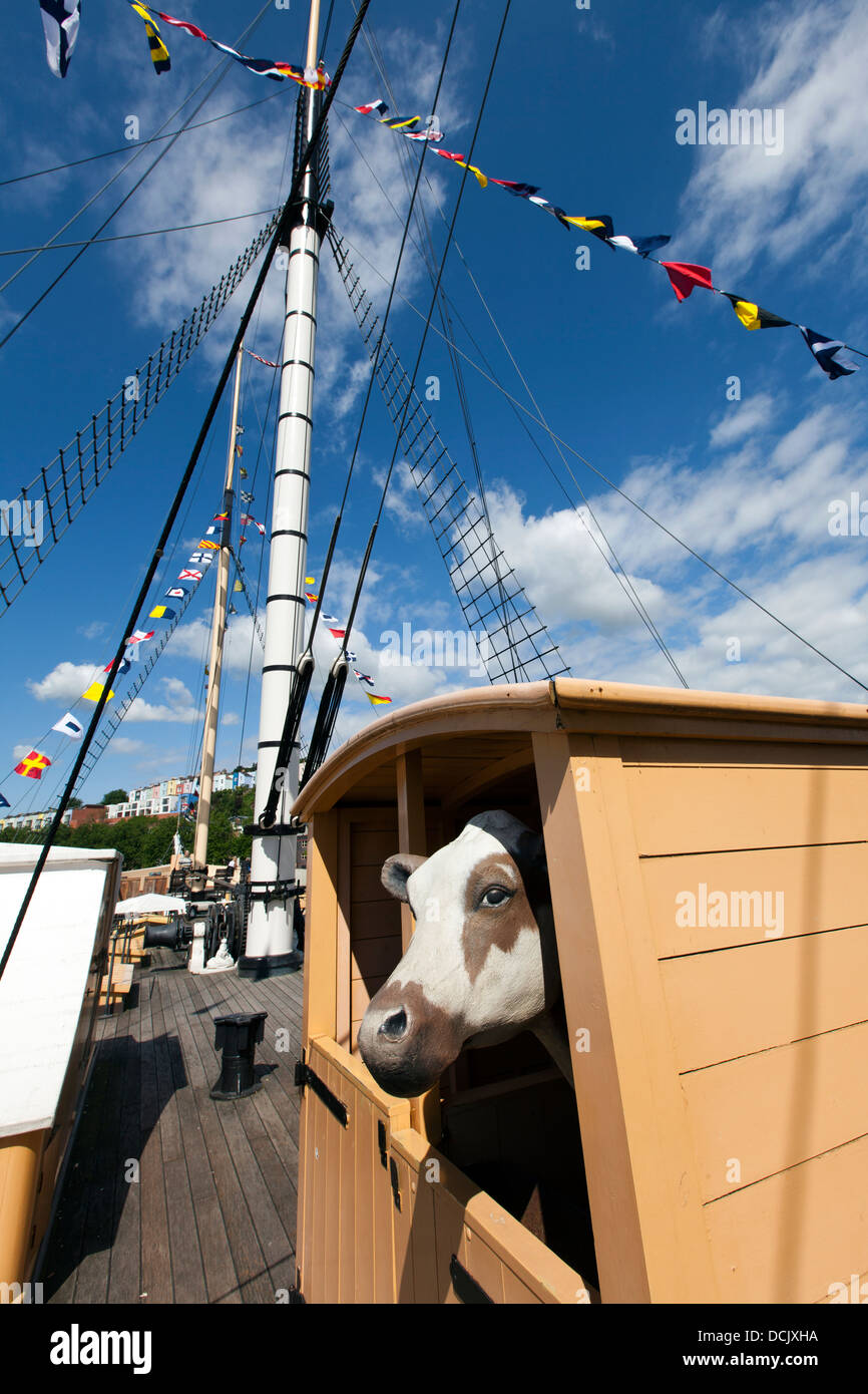 Modello di una mucca sul ponte di Isambard Kingdom Brunel della nave a vapore SS Gran Bretagna. Bristol, Inghilterra, Regno Unito. Foto Stock