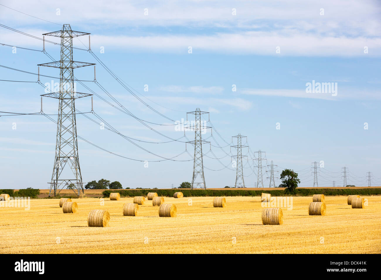 Stoppie di grano in un campo di Yorkshire East Coast, UK, con linee elettriche ad alta tensione da un Coal Fired power station. Foto Stock