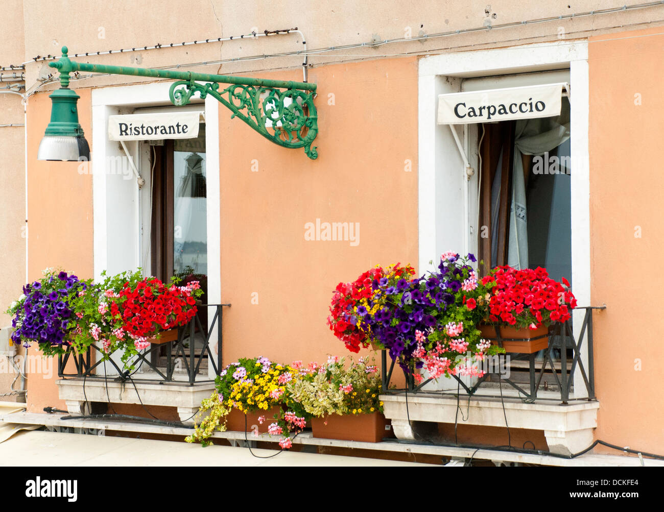 Windows veneziano con fiori scatole, Venezia, Italia Foto Stock