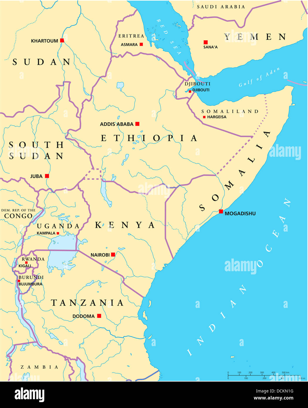 Africa orientale Mappa Politico Foto Stock