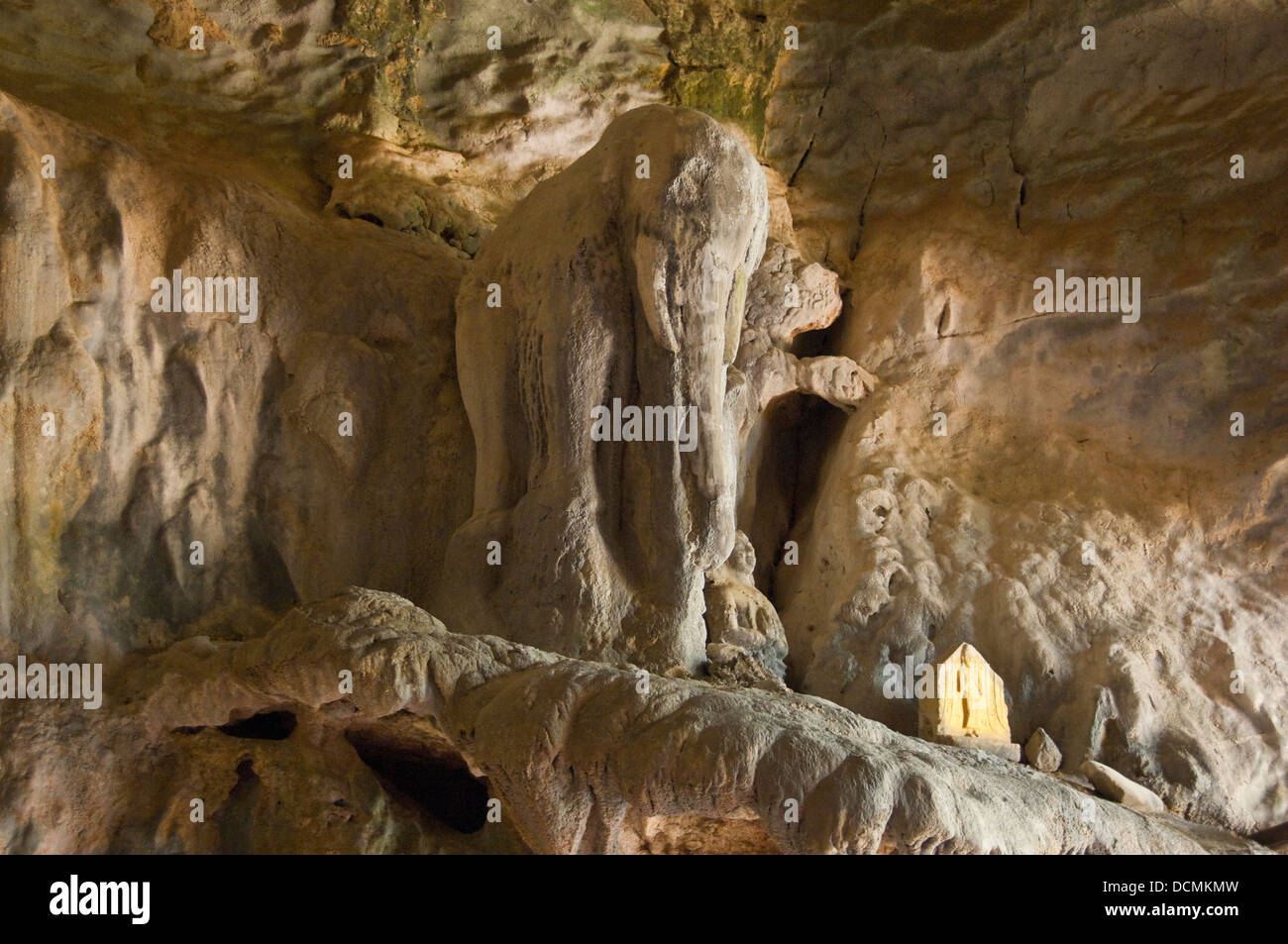 Chiudere orizzontale fino alla forma di un elefante realizzato da stalattiti interno Tham Sang o Tham Xang, elefante grotta vicino Vang Vieng Foto Stock