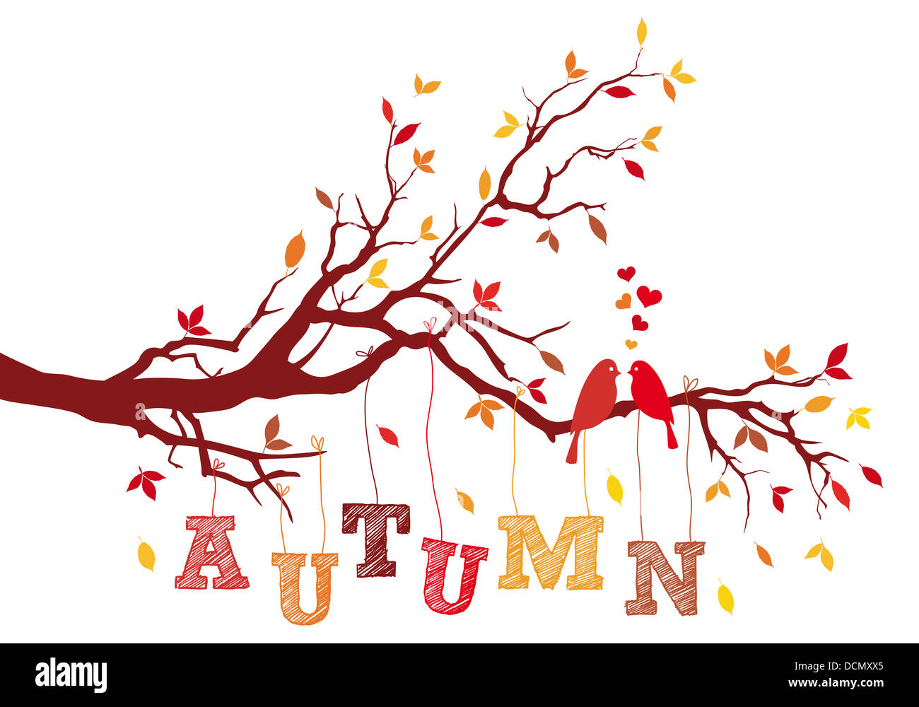 Gli uccelli in autunno del ramo di albero con foglie che cadono, vettore illustrazione dello sfondo Foto Stock