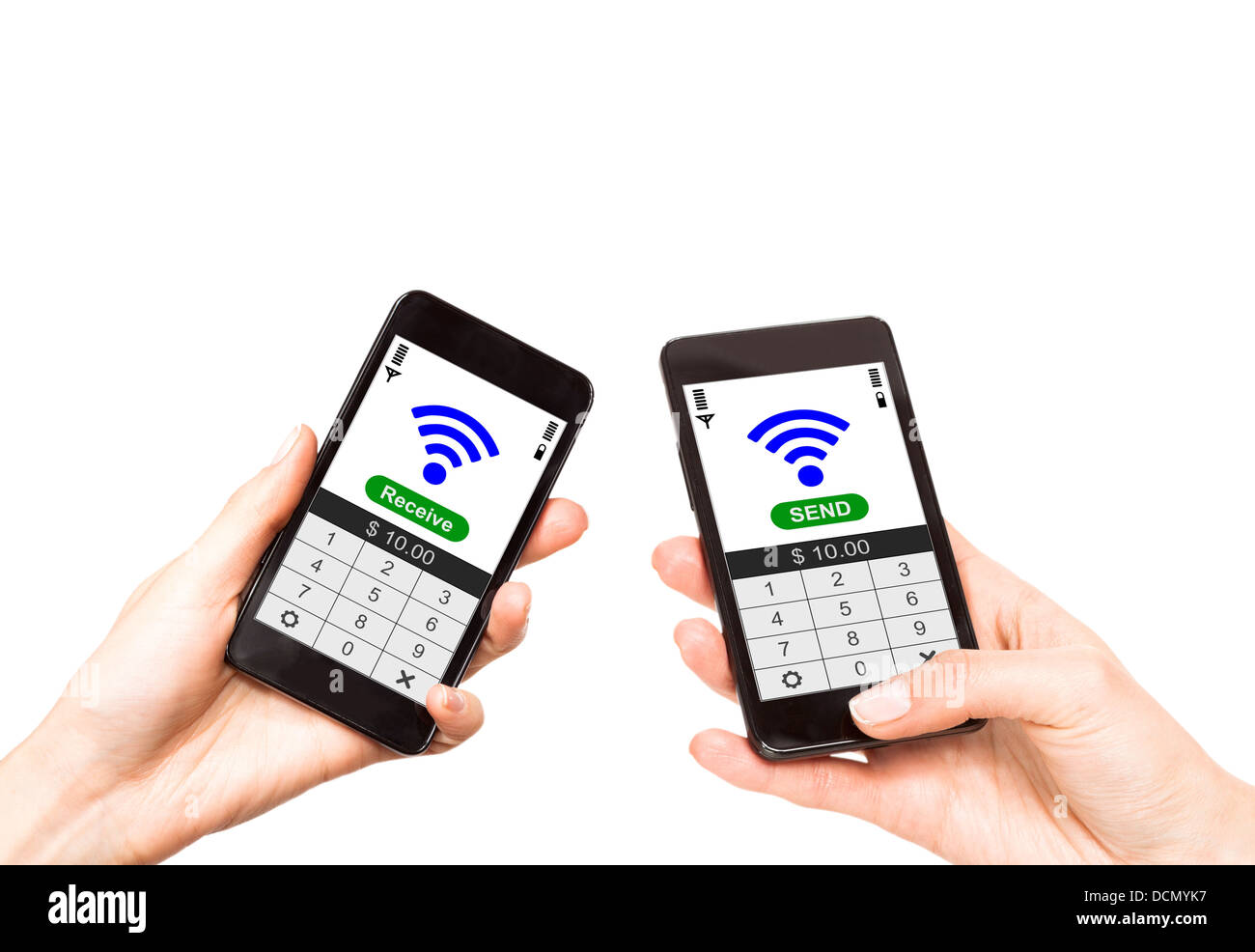 Due telefoni cellulari con tecnologia NFC tecnologia dei pagamenti. Near Field Communication Foto Stock