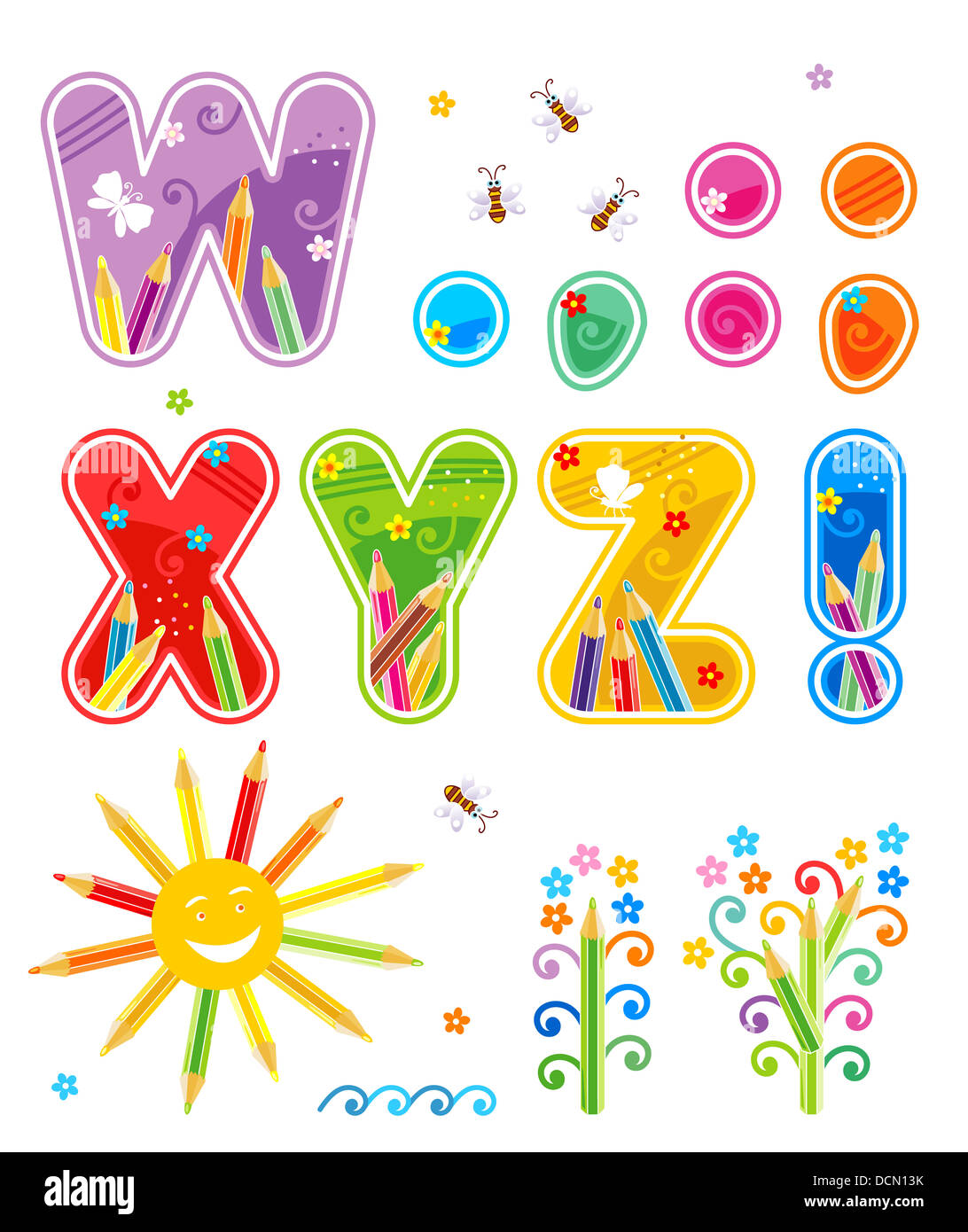 Primavera, estate o scuola set alfabeto, parte 3 di 4), lettere W - Z,  segni di punteggiatura, gli elementi di design Foto stock - Alamy