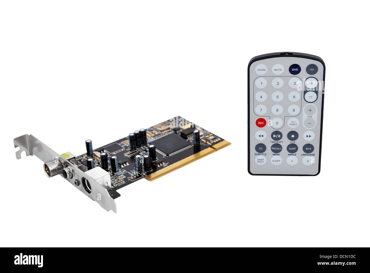 Scheda sintonizzatore TV e un telecomando Foto Stock