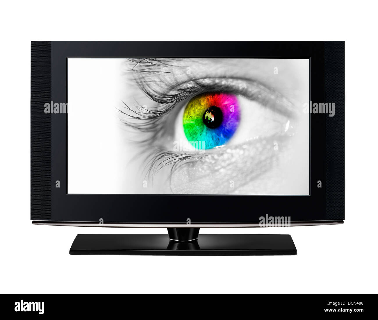 Moderno TV HD che mostra un occhio di colore. Foto Stock