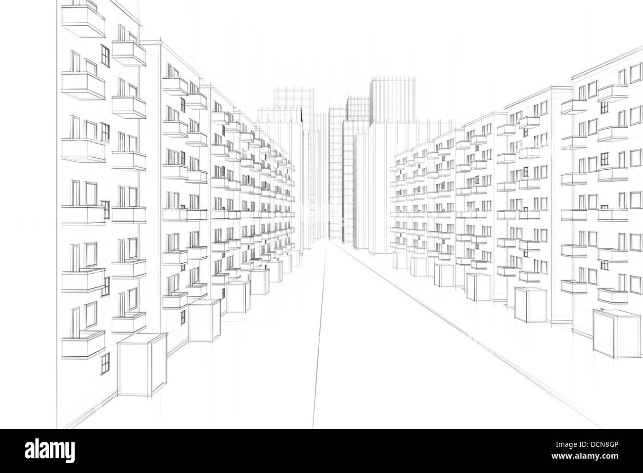 Disegno di un urbano strada residenziale con blocchi di appartamenti Foto Stock