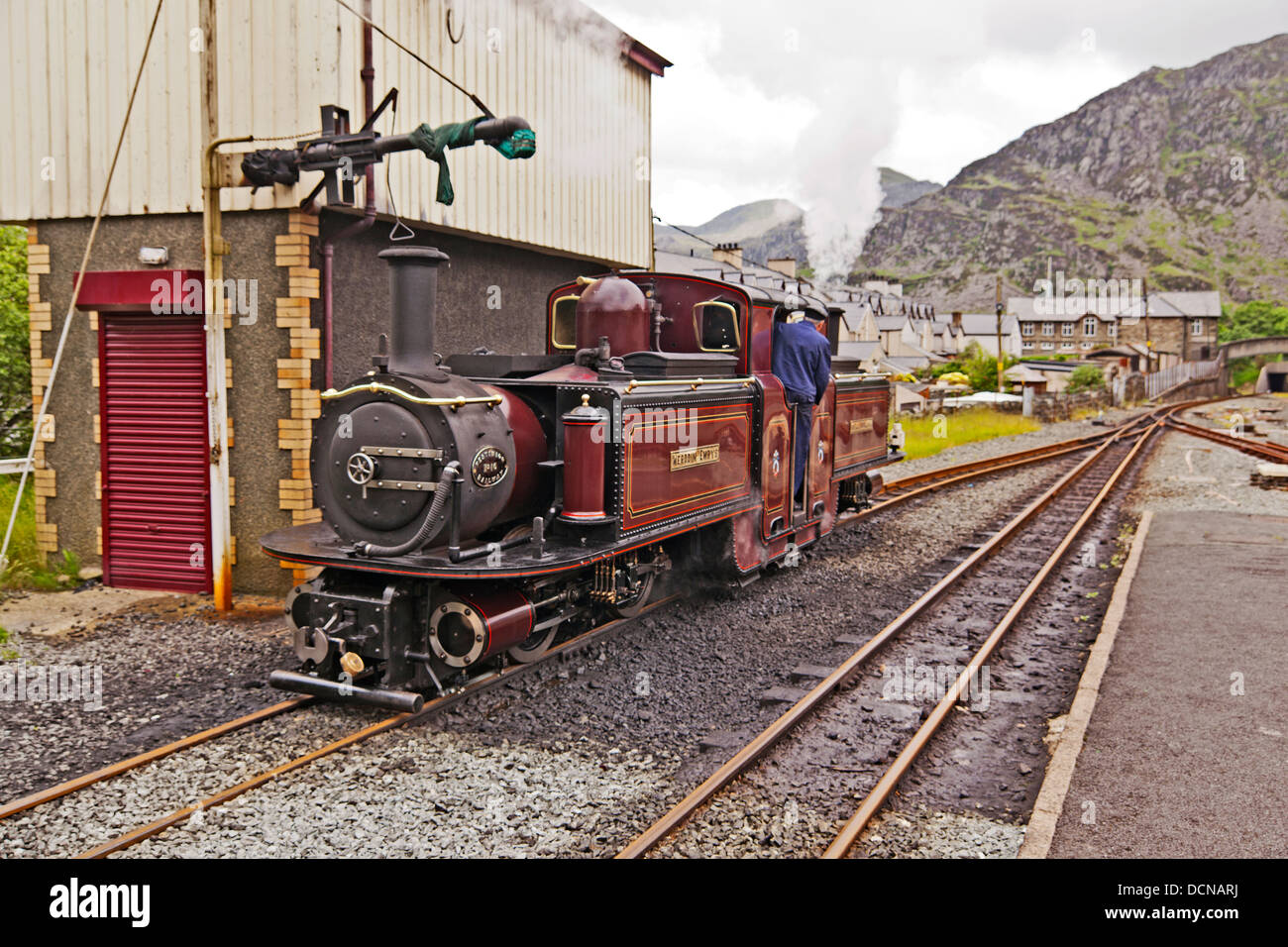 Motore di vapore sulla ferrovia Ffestiniog Foto Stock