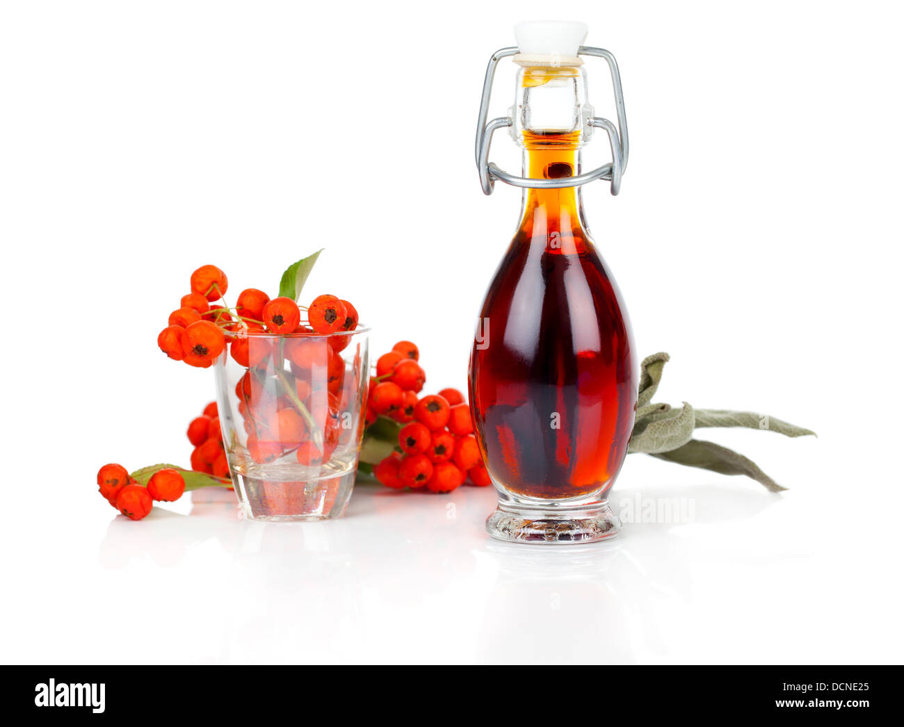 Bottiglia di bevanda, miscela con ashberry su sfondo bianco. Foto Stock
