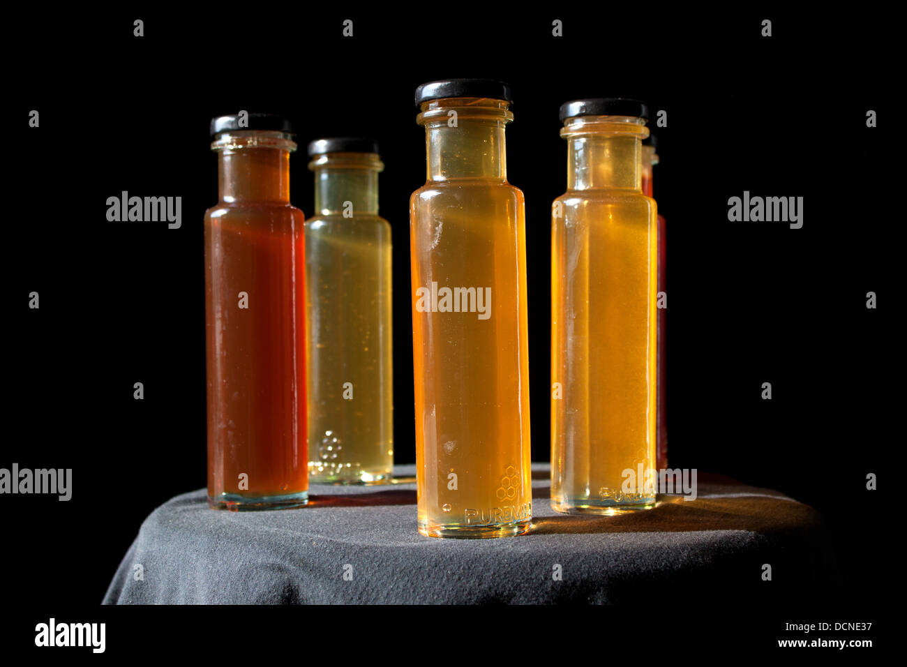 Cinque barattoli di miele sono visualizzati in Puremiel, miele di una azienda che produce materie organiche di miele, Cadice, Andalusia, Spagna Foto Stock