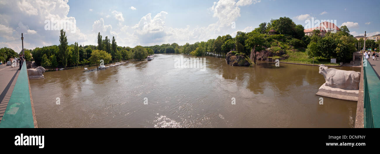 Alluvione del fiume Saale a Halle - visto da di ponte Giebichenstein; Germania, 5 giugno 2013 Foto Stock